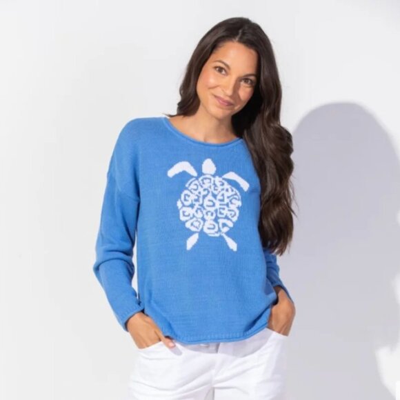 Escape by Habitat Blue Long Sleeve Sweater with White Sea Turtle Motif - Picture 1 of 11
